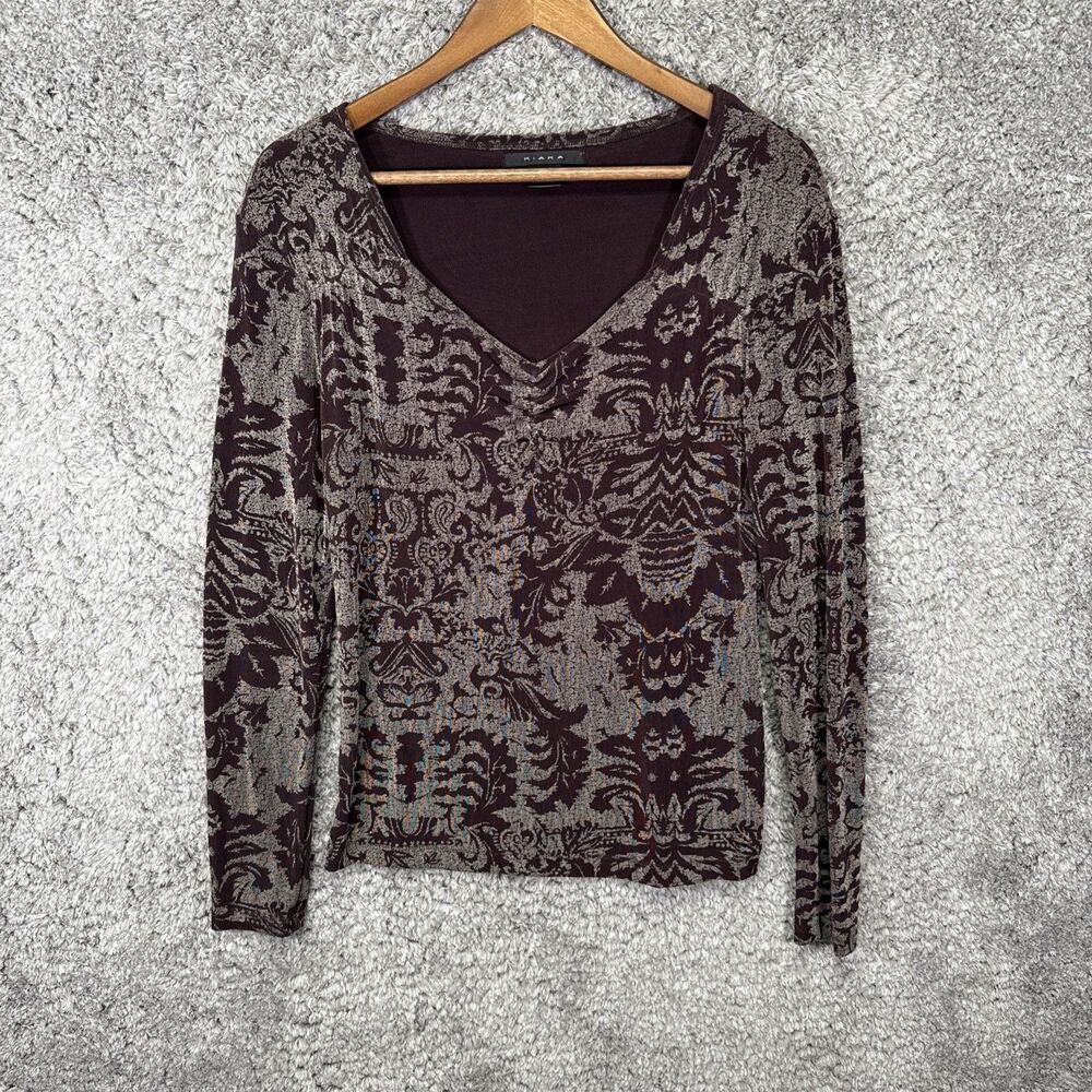 Vtg Y2K Kiara Floral Stretch Slinky Knit Blouse Top Medium Brown Boho Hippie